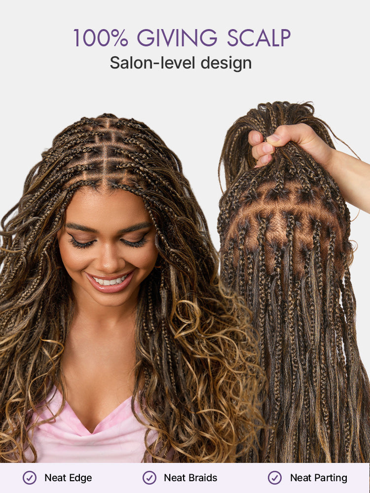 Ombre Honey Blonde French Curl Knotless Boho Braids HD Full Lace Long Wig Flexi Fit Invisi Drawstring Cap - US Only
