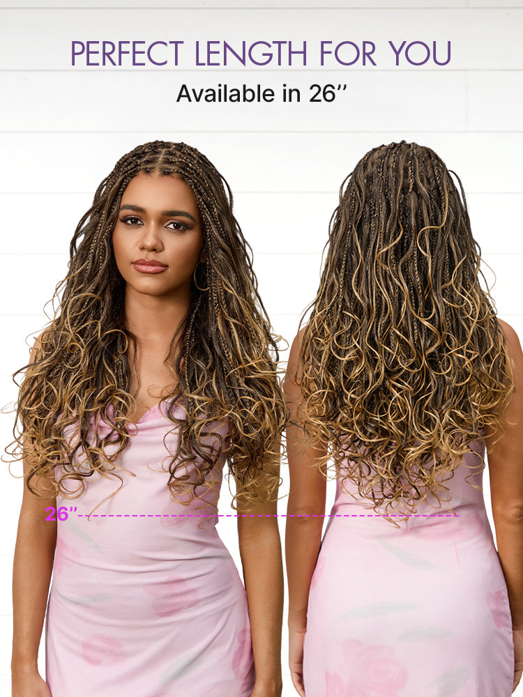 Ombre Honey Blonde French Curl Knotless Boho Braids HD Full Lace Long Wig Flexi Fit Invisi Drawstring Cap - US Only