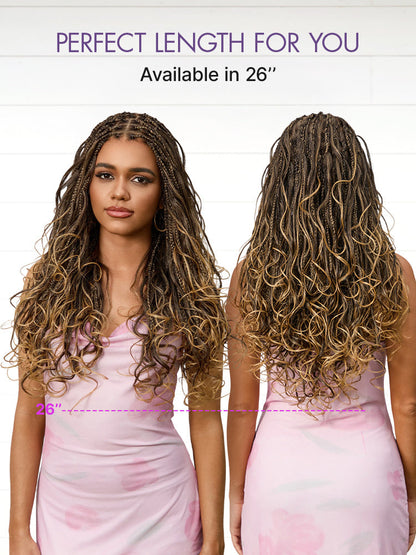 Ombre Honey Blonde French Curl Knotless Boho Braids HD Full Lace Long Wig Flexi Fit Invisi Drawstring Cap - US Only