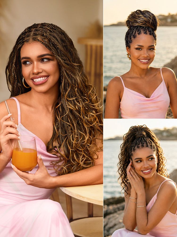 Ombre Honey Blonde French Curl Knotless Boho Braids HD Full Lace Long Wig Flexi Fit Invisi Drawstring Cap - US Only