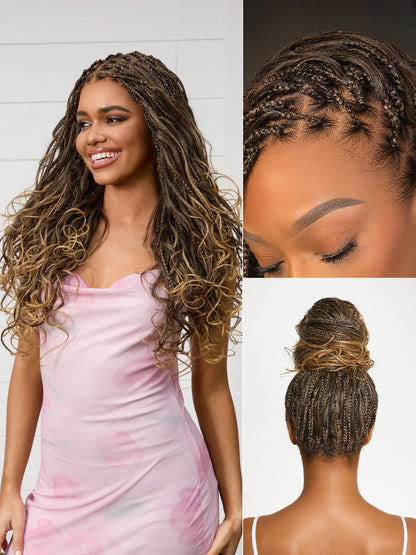 Ombre Honey Blonde French Curl Knotless Boho Braids HD Full Lace Long Wig Flexi Fit Invisi Drawstring Cap - US Only