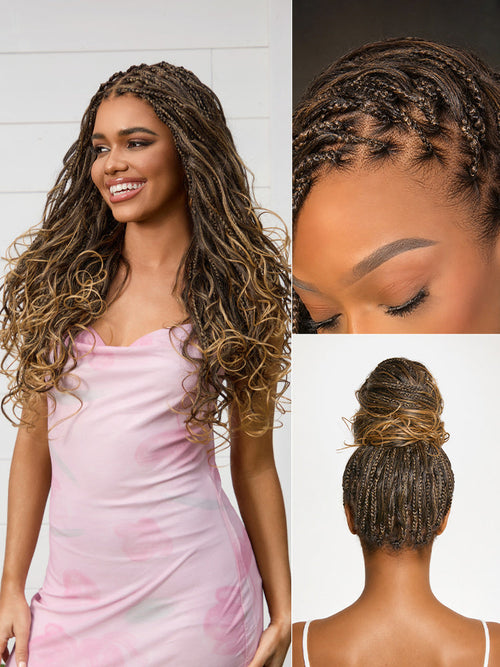 Ombre Honey Blonde French Curl Knotless Boho Braids HD Full Lace Long Wig Flexi Fit Invisi Drawstring Cap - US Only