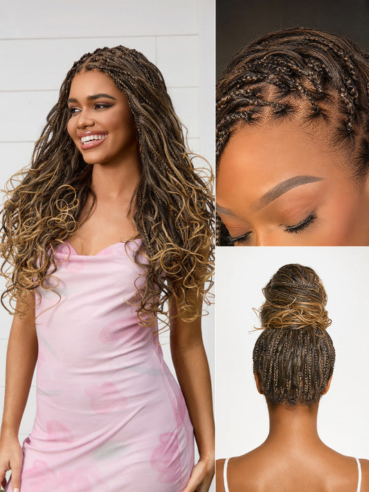 Ombre Honey Blonde French Curl Knotless Boho Braids HD Full Lace Long Wig Flexi Fit Invisi Drawstring Cap - US Only