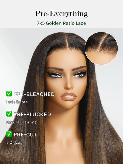 Ombre Chestnut Brown 13x4 Glueless Yaki Straight Human Hair Wig - Pre-Everything Wear & Go with Invisi Drawstring