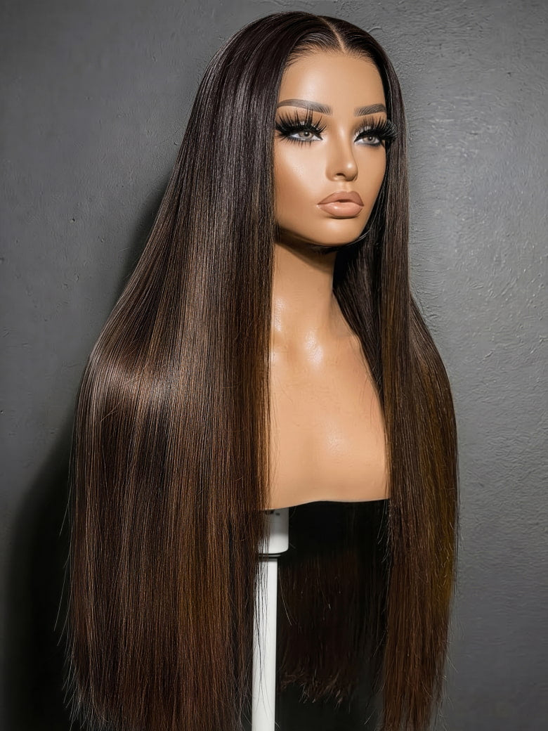 Ombre Chestnut Brown 13x4 Glueless Yaki Straight Human Hair Wig - Pre-Everything Wear & Go with Invisi Drawstring