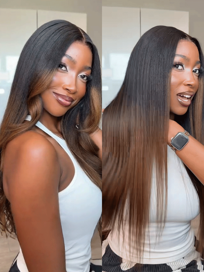Ombre Chestnut Brown 13x4 Glueless Yaki Straight Human Hair Wig - Pre-Everything Wear & Go with Invisi Drawstring