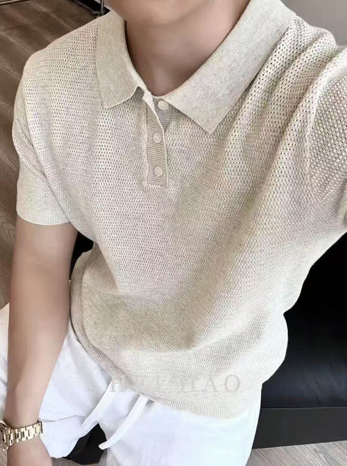 老钱莱赛尔男士短袖T恤亚麻休闲polo衫透气夏季黑色灰色杏色圆领
