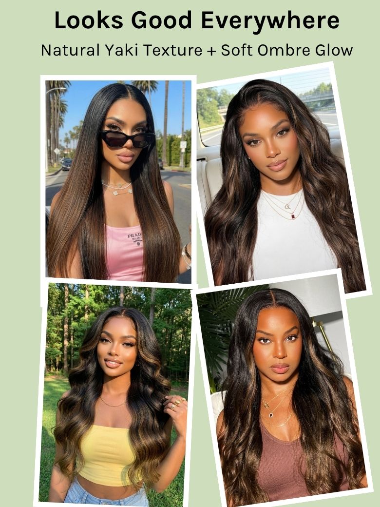 Ombre Chestnut Brown 13x4 Glueless Yaki Straight Human Hair Wig - Pre-Everything Wear & Go with Invisi Drawstring