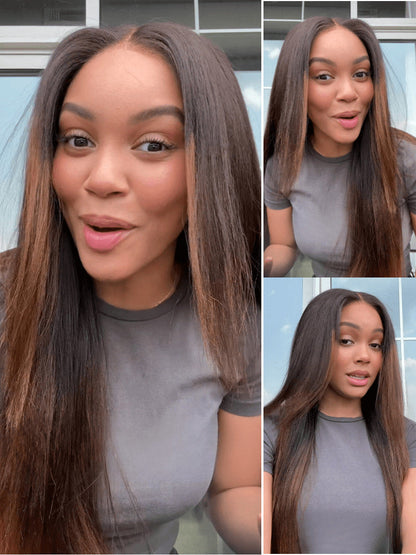 Ombre Chestnut Brown 13x4 Glueless Yaki Straight Human Hair Wig - Pre-Everything Wear & Go with Invisi Drawstring