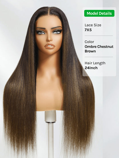 Ombre Chestnut Brown 13x4 Glueless Yaki Straight Human Hair Wig - Pre-Everything Wear & Go with Invisi Drawstring